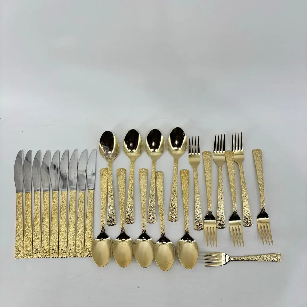 Vtg Hollywood Regency Dinner Spoons Fork Gold Stainless Steel 25 Pieces Japan